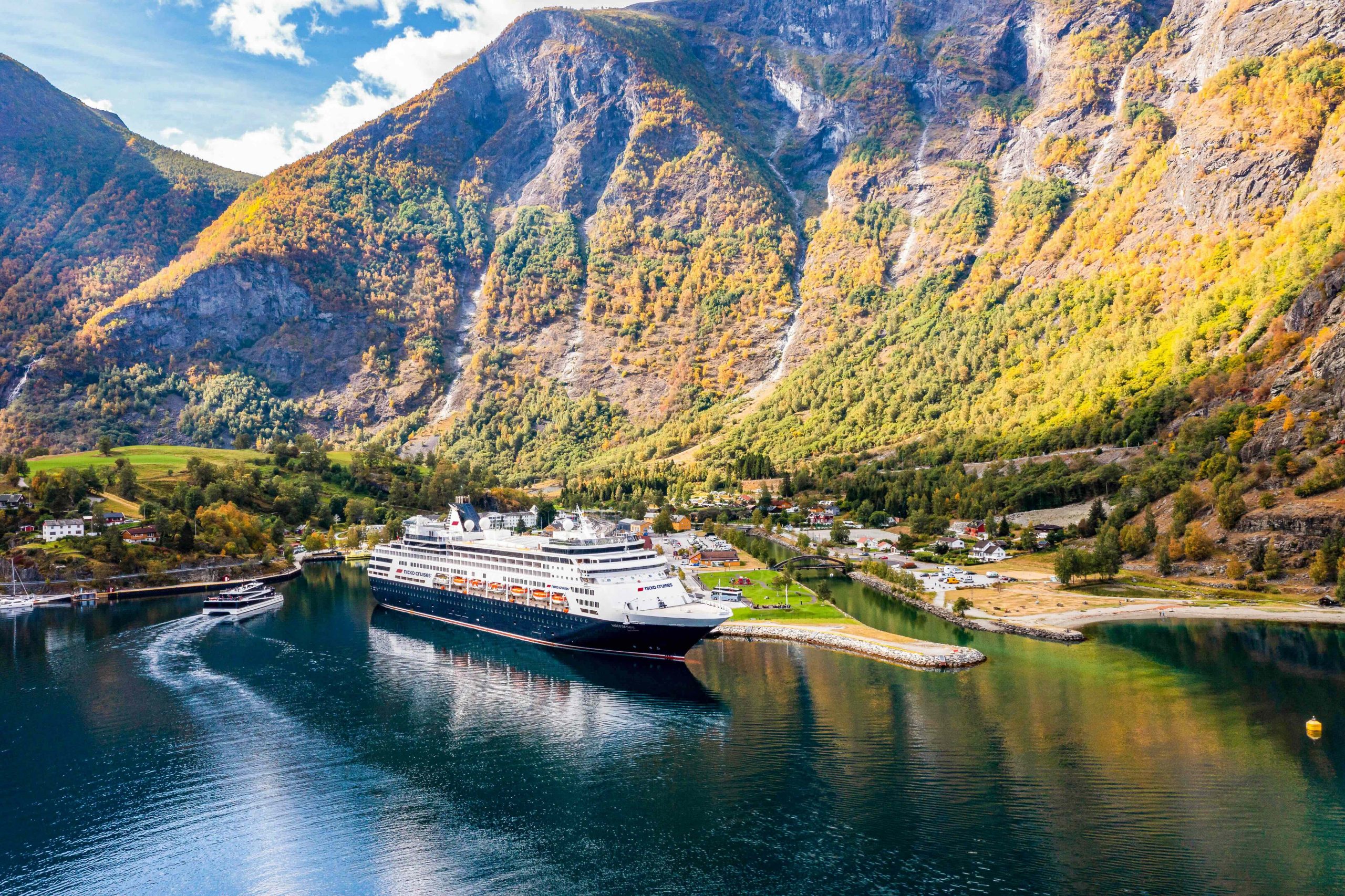 Das Kreuzfahrtschiff VASCO DA GAMA der Reederei nicko cruises vor Baumbedeckter Berglandschaft und kleinem Hafen