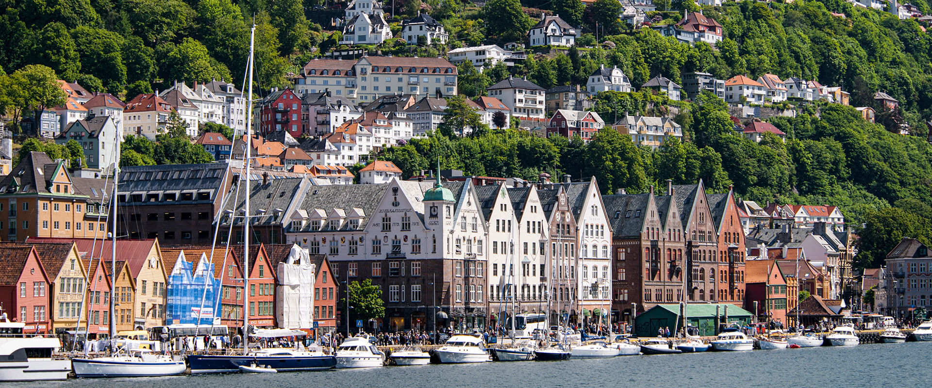Reihe historischer Holzhäuser am Hafen von Bergen, Norwegen, mit Segelbooten im Wasser und bewaldetem Hügel im Hintergrund
